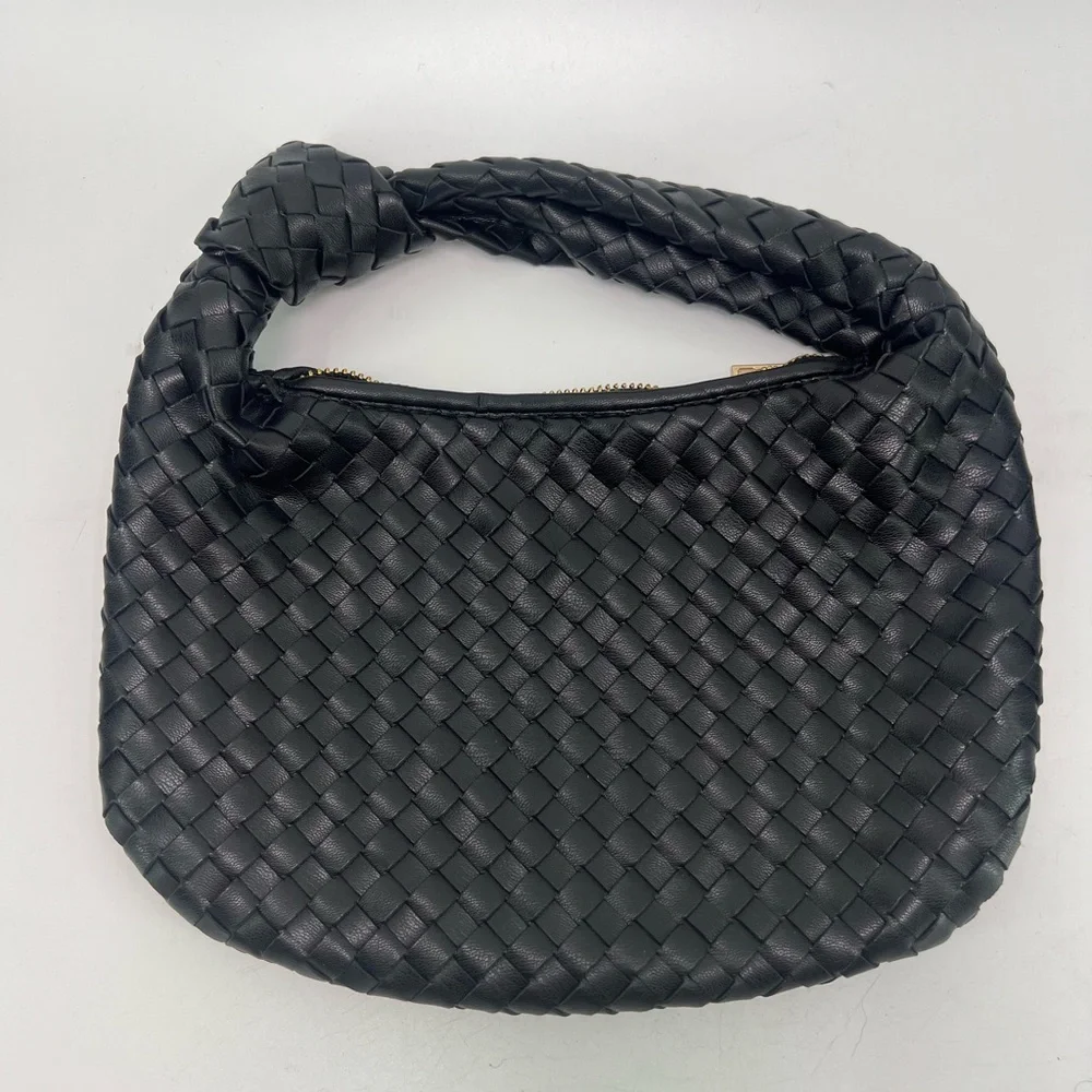 Melie Bianco Black Drew Small Woven Hobo Bag With Knot and Zipper